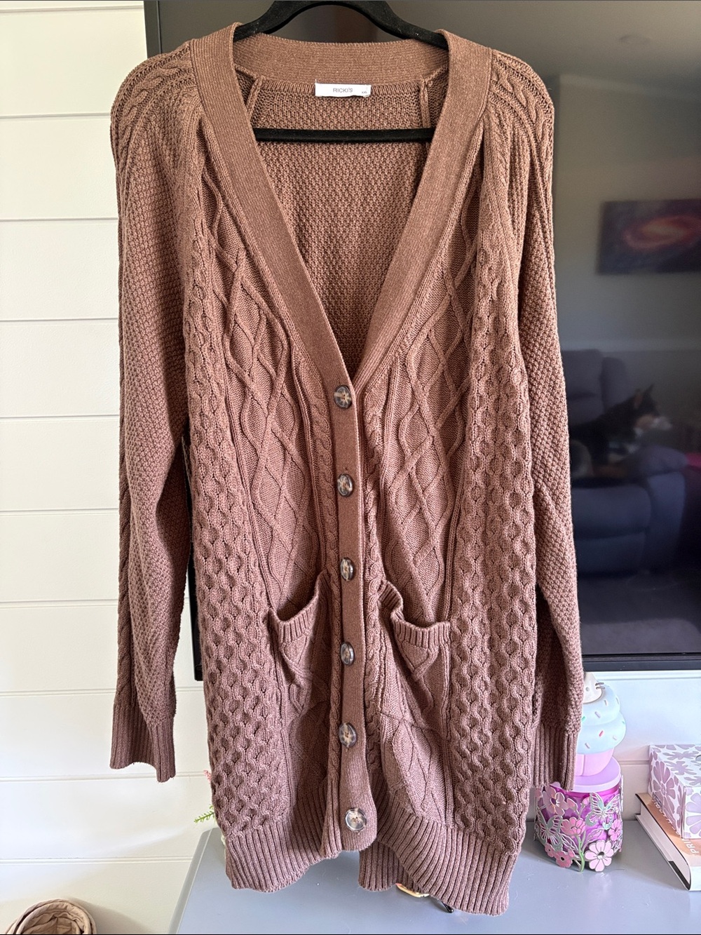 NWOT Ricki’s Cotton Cable Knit Button-Front Cardigan Sweater - Brown